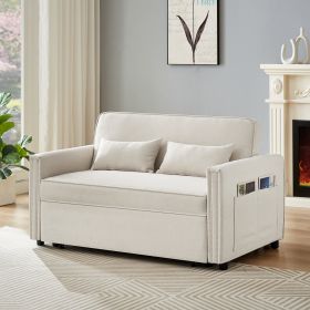 Modern Linen Convertible Loveseat Sleeper Sofa Couch with Adjustable Backrest, 2 Seater Sofa With Pull-Out Bed with 2 Lumbar Pillows For Small Living