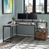 FCH Retro Wood Grain Triamine Surface Particleboard Black Iron Pipe L-shaped Shelf with File Drawer Cabinet 2*USB Port 2*Three Sockets Wireless Chargi