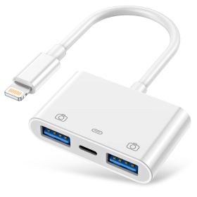 Lightning To USB3.0 Adapter; USB3.0 Camera Adapter Compatible With IPhone IPad; USB Adapter; With 2 USB3.0 And 1 Charging Port; No Application Require