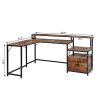 FCH Retro Wood Grain Triamine Surface Particleboard Black Iron Pipe L-shaped Shelf with File Drawer Cabinet 2*USB Port 2*Three Sockets Wireless Chargi