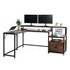 FCH Retro Wood Grain Triamine Surface Particleboard Black Iron Pipe L-shaped Shelf with File Drawer Cabinet 2*USB Port 2*Three Sockets Wireless Chargi