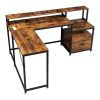 FCH Retro Wood Grain Triamine Surface Particleboard Black Iron Pipe L-shaped Shelf with File Drawer Cabinet 2*USB Port 2*Three Sockets Wireless Chargi