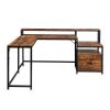 FCH Retro Wood Grain Triamine Surface Particleboard Black Iron Pipe L-shaped Shelf with File Drawer Cabinet 2*USB Port 2*Three Sockets Wireless Chargi
