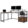 FCH Retro Wood Grain Triamine Surface Particleboard Black Iron Pipe L-shaped Shelf with File Drawer Cabinet 2*USB Port 2*Three Sockets Wireless Chargi