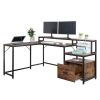FCH Retro Wood Grain Triamine Surface Particleboard Black Iron Pipe L-shaped Shelf with File Drawer Cabinet 2*USB Port 2*Three Sockets Wireless Chargi
