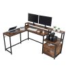 FCH Retro Wood Grain Triamine Surface Particleboard Black Iron Pipe L-shaped Shelf with File Drawer Cabinet 2*USB Port 2*Three Sockets Wireless Chargi